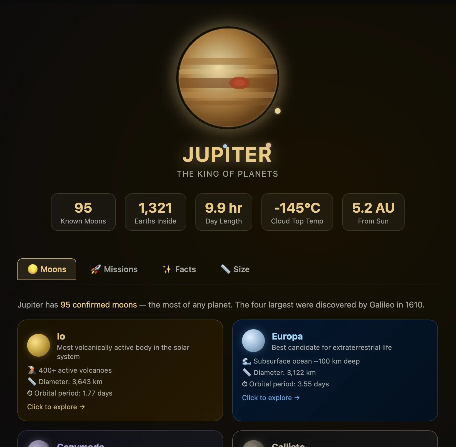 The Jupiter branch: a gold-themed page with the Galilean moons laid out as explorable cards