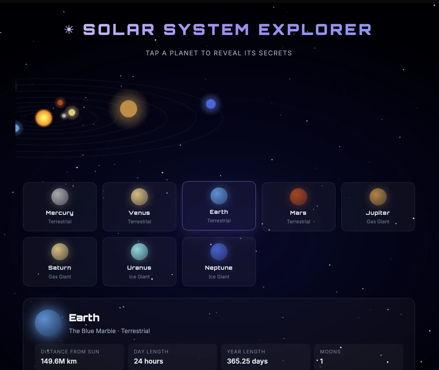 The generated reply: a Solar System Explorer page with an animated orbit map, planet cards, and a live detail panel