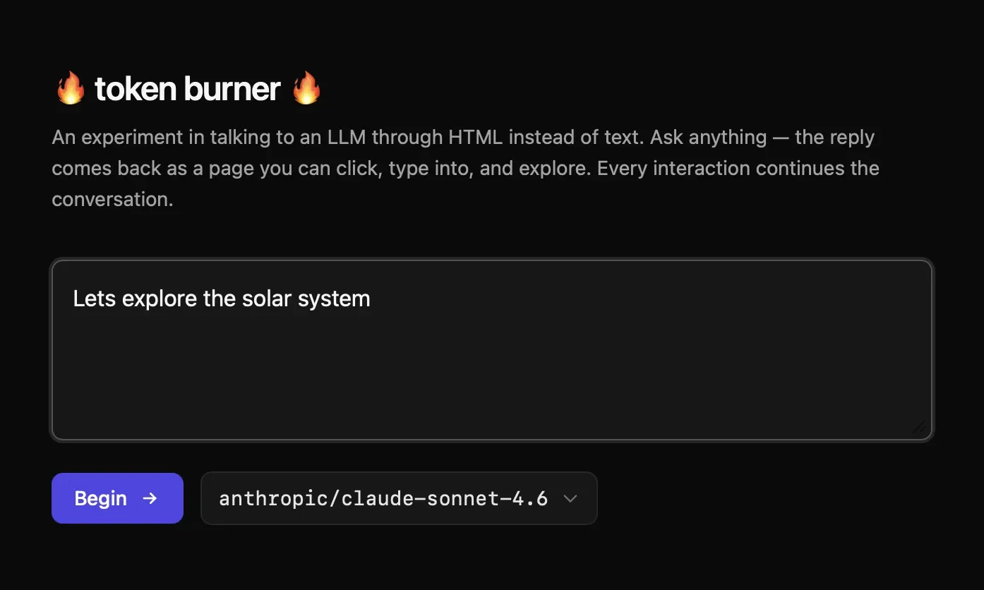 The token burner start page, seeded with the prompt "Lets explore the solar system"